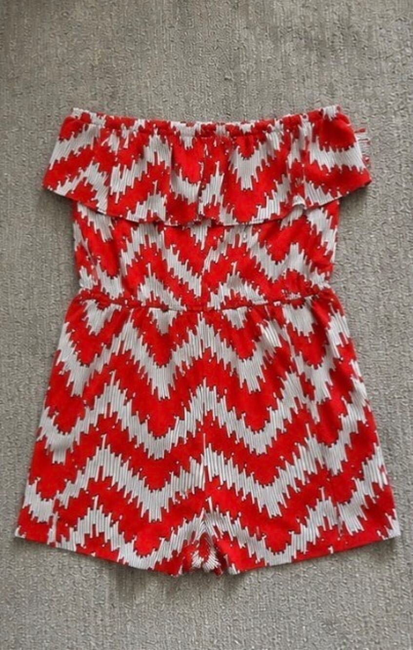 Kii Women’s Off-the-Shoulder Romper Size Medium Orange White Print Strapless Sum